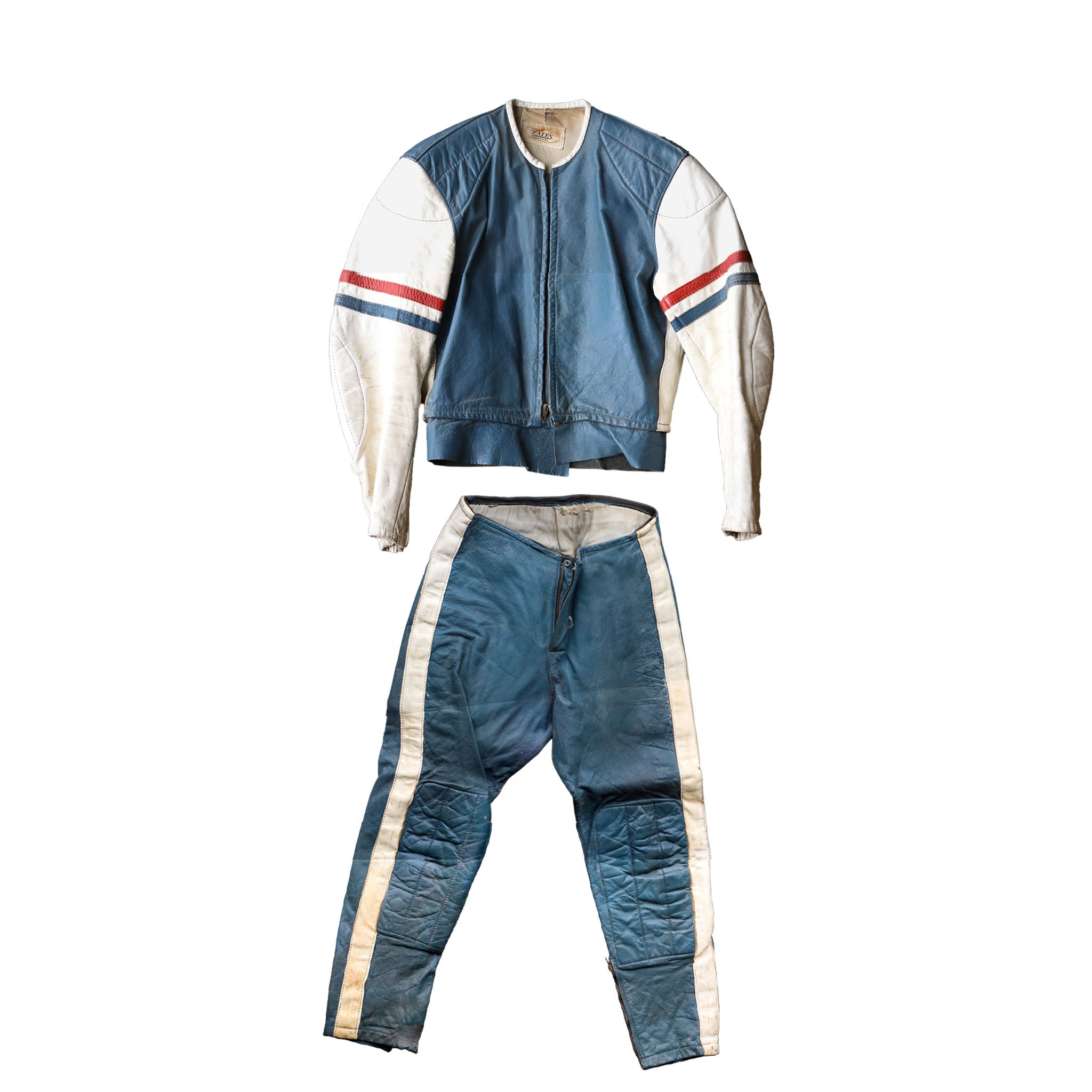 Blue and White Bates Racing Leather Set